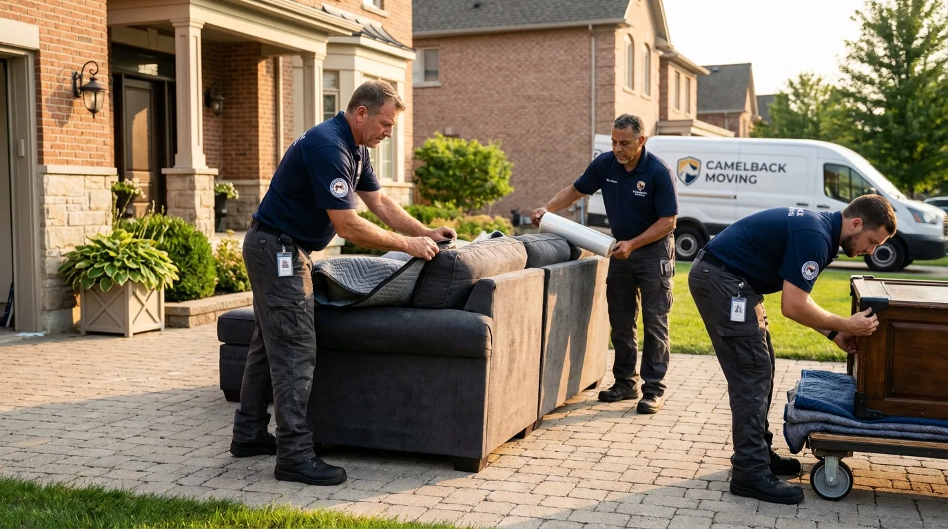 Large estate moving crew wrapping furniture in Lisbon, ND