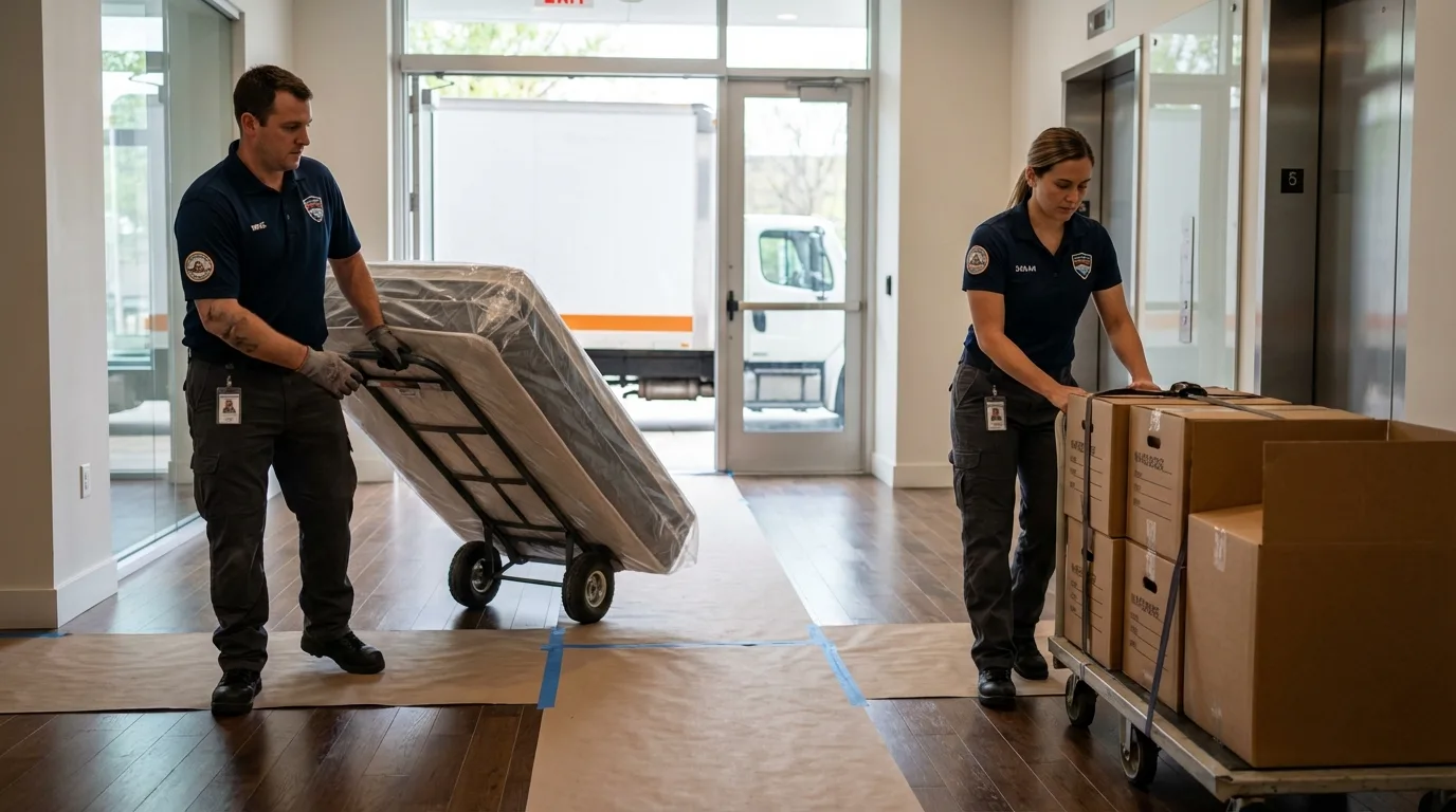 Professional apartment movers loading elevator in Lisbon, ND